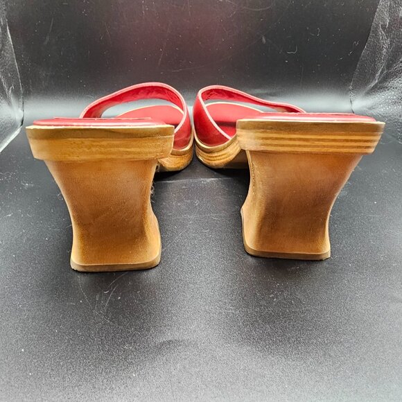 Vintage Two Lips Jiffy Cut-Out Wooden Sandals Red Leather Size 9 Made in Brazil - Picture 5 of 7